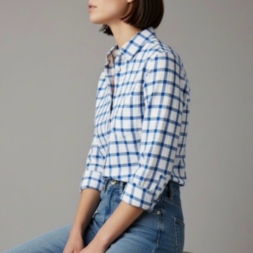 J. Crew Factory White and Blue Plaid Button-Down Shirt